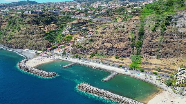 Aerial view of the beach in Calheta, Madeira