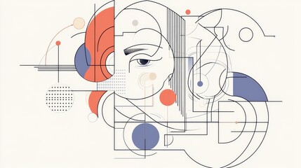 Abstract geometric portrait with eye detail, coral and blue shapes.