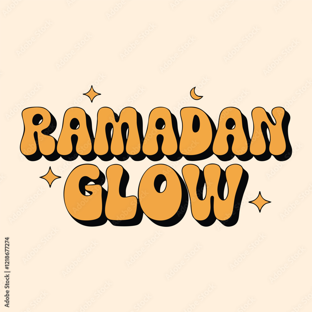 Fototapete a groovy, retro-style font with bold, rounded letters featuring subtle crescent moon and star accent