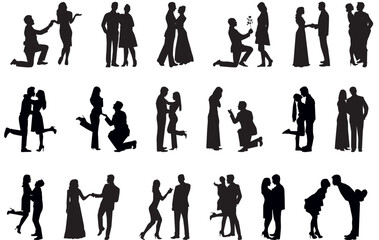 set of beautiful and romantic couple silhouette. Proposing, marrying, valentines day, engagement and dancing