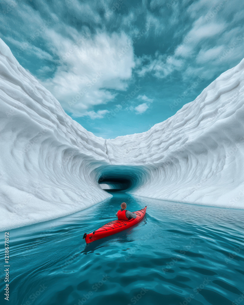 Poster a kayaker navigating through icebergs that have broken off from a glacier,