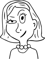 A grinning woman with one wide open eye with hair to shoulders and large beads on the neck looks into the camera