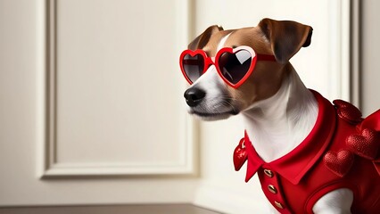 Portrait of Jack Russell dog wearing heart shaped sunglasses and red costume against soft beige wall background with copy space. Funny pet in Valentine's day concept
