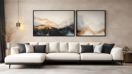 A Modern Living Room With A White Sectional Sofa, Abstract Art, And A Sleek Pendant Light. The Overall Vibe Is Calm And Sophisticated.