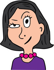 A grinning woman with dark hair with one wide -open eye with hair to shoulders and large pink beads on the neck in a purple sweater looks into the camera