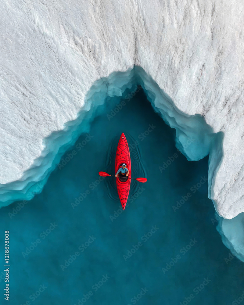 Poster a kayaker navigating through icebergs that have broken off from a glacier,