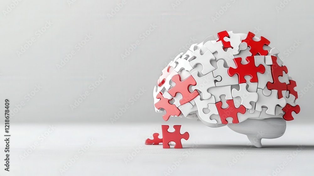 Poster abstract brain with radiant puzzle segments emerging from its surface