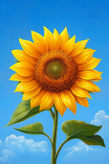 Fototapeta premium A close-up shot of a blooming sunflower with a bright blue sky in the background,