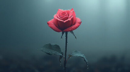 Obraz premium A single red rose with dew drops glistening on its petals,