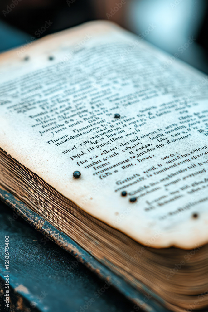 Poster A close-up of an open book page, showing the fine print and aged paper,