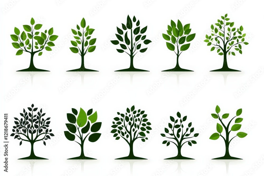 Poster various tree designs showcasing different leaf styles and colors on a white background representing 