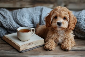 A cute, fluffy dog rests beside a cozy blanket, a cup of tea, and an open book on a rustic wooden surface.