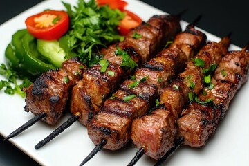 Grilled beef kebabs garnished with fresh herbs vegetables