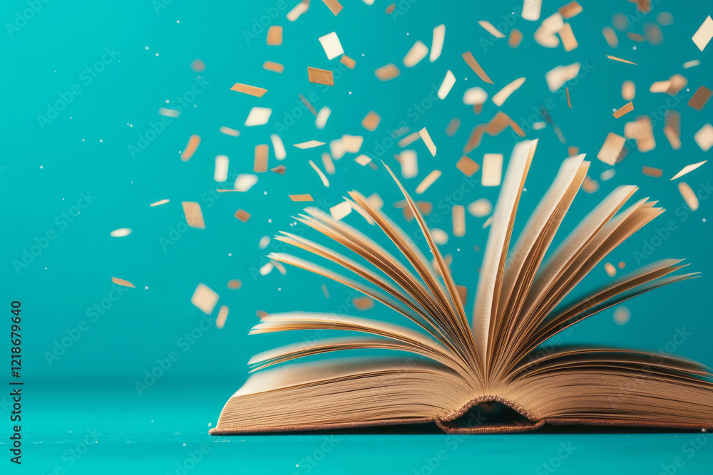 Leinwandbilder An open book lying on a table with fluttering pages captured in motion,
