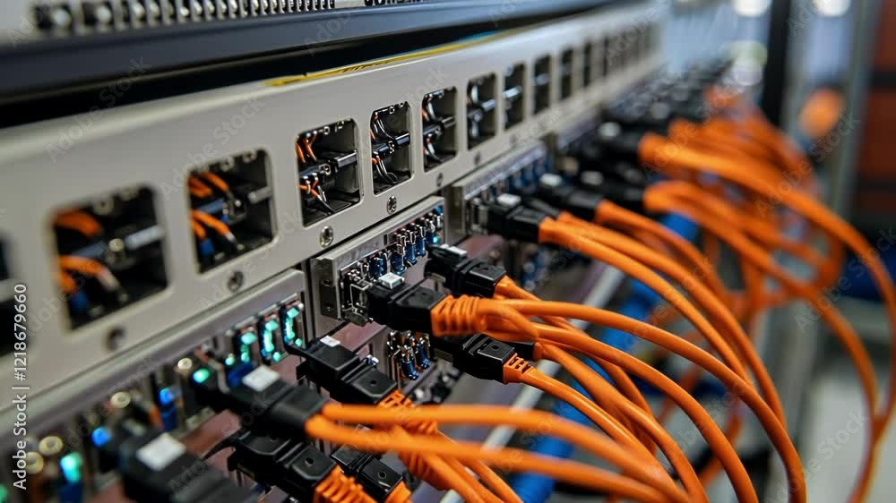 Poster orange network cables connecting to servers in a modern data center, facilitating high speed data tr