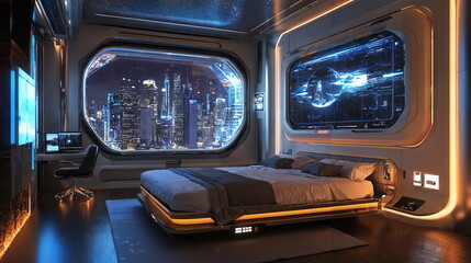 Futuristic bedroom design with panoramic city view at sunset featuring illuminated walls, sleek furniture, and modern decor elements.