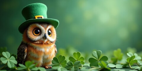 Cute owl wearing a green leprechaun hat sitting among clover leaves. St. Patrick's Day, spring, nature themes
