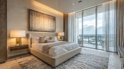 Fototapeta premium Luxurious bedroom interior with large bed, elegant decor, modern artwork, stylish nightstands, and illuminated city view through large windows.