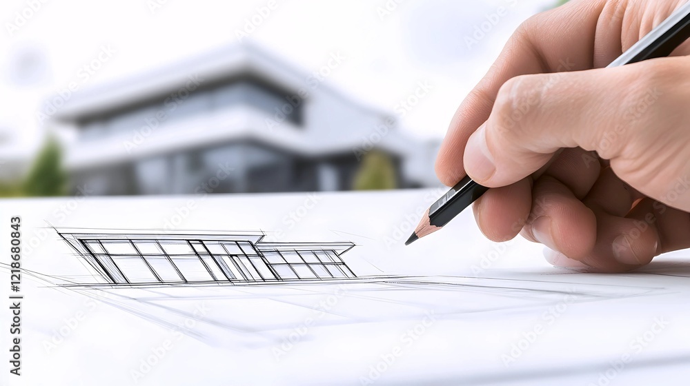 Poster designing dreams: a hand sketches a modern home, blurring the line between imagination and reality.
