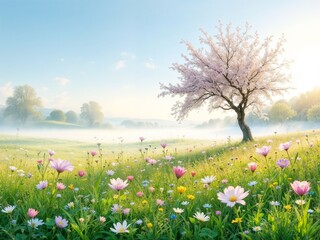 Blooming tree on a flowered meadow, vibrant nature scene