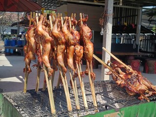 Grilled Chickens on the Charcoal Grill, Thailand Street Food