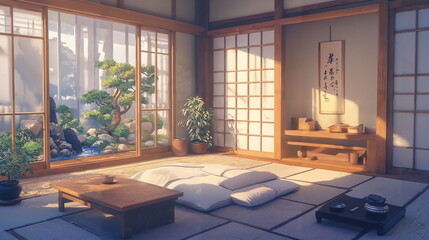 Serene bedroom with wooden furniture, tatami mats, indoor plants, large windows, natural light streaming in, and a peaceful atmosphere.