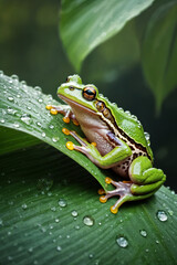 Fototapeta premium A serene moment captured as a vibrant frog rests on a dew-kissed leaf