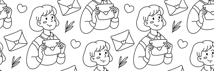 Doodle Pattern with Girl and envelope with love message. Traditions and celebration background for of Valentines Day. Feelings and relationships. For packaging, wallpaper. Vector outline illustration.