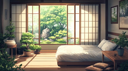 Fototapeta premium Serene bedroom with wooden furniture, tatami mats, indoor plants, large windows, natural light streaming in, and a peaceful atmosphere.