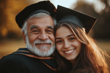 Fototapeta premium Smiles of achievement shared between a proud grandfather and his cheerful granddaughter on graduation day in a sunny park