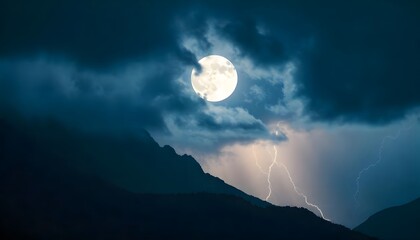 A dramatic night scene featuring a full moon, dark clouds and lightning strikes over mountain silhouettes