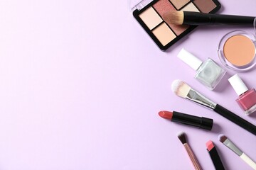 Professional decorative cosmetics, make-up products and accessories on color background, minimal...