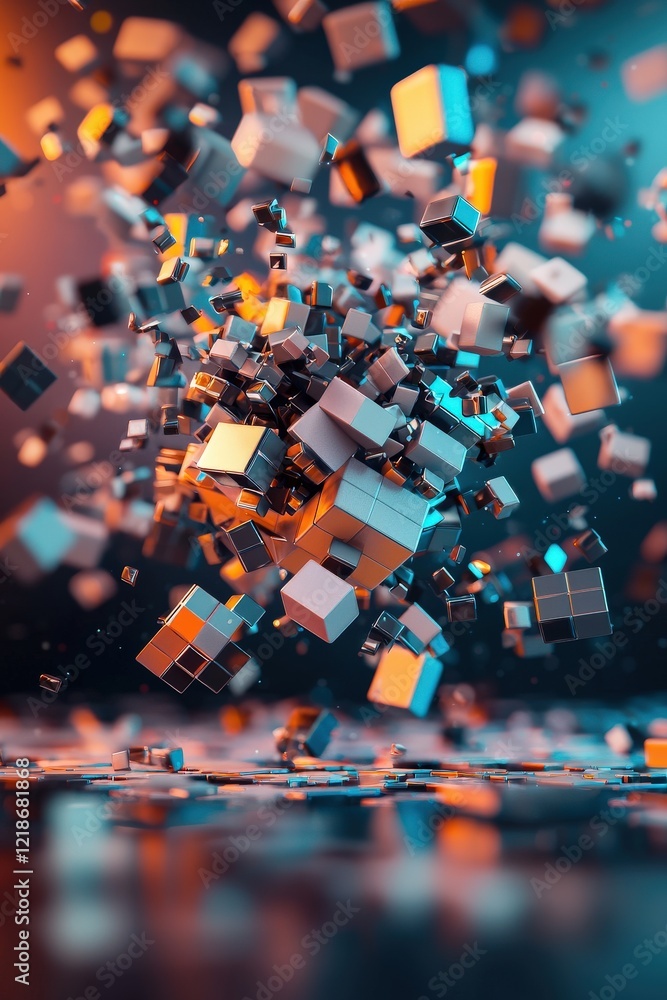 Poster abstract cube breaking into dynamic glowing puzzle pieces floating upward