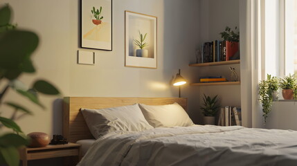 Fototapeta premium Cozy bedroom with a wooden bed, soft blankets, decorative pillows, plants, and framed art on the walls near natural light from large windows.