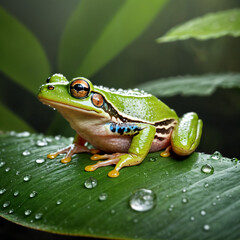 Obraz premium A vibrant frog resting gracefully on a dew-kissed leaf in a lush jungle