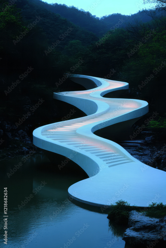 Poster an asymmetrical bridge design spanning a river, with curving lines,
