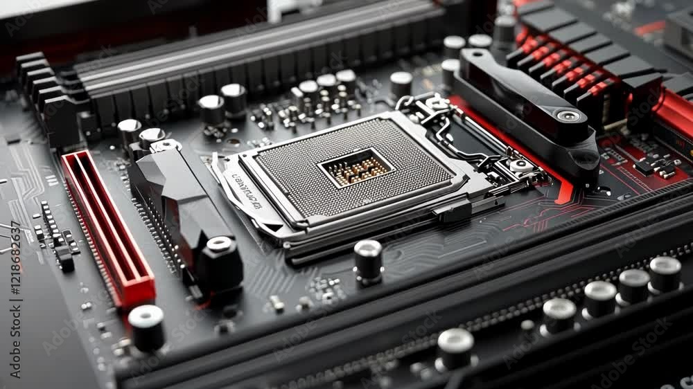 Poster close up view of a modern computer motherboard, highlighting the cpu socket and surrounding componen