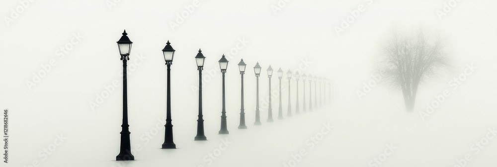 Poster a row of lamp posts lining a street, getting smaller in perspective,