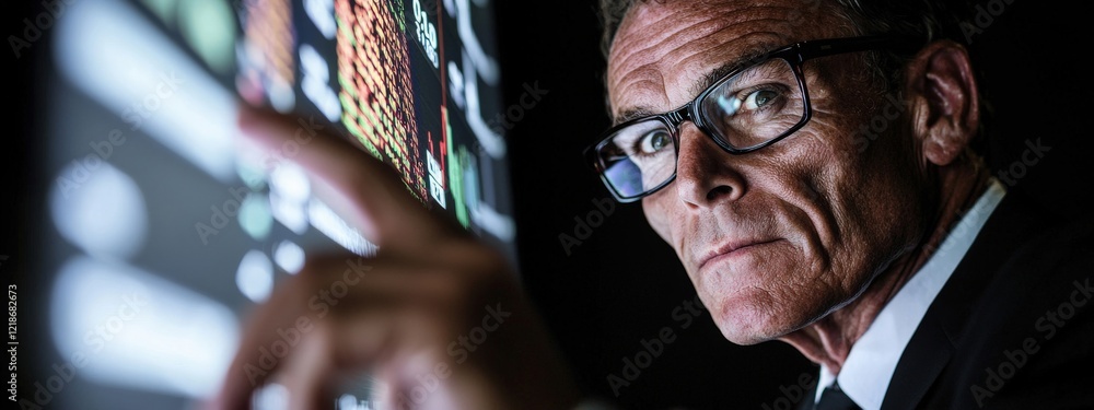 Poster businessman analyzing financial data displayed on digital screen in dark environment