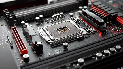 Close up view of a modern computer motherboard, highlighting the cpu socket and surrounding components, showcasing the intricate design and advanced technology of computer hardware - Powered by Adobe