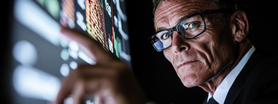 Businessman Analyzing Financial Data Displayed on Digital Screen in Dark Environment