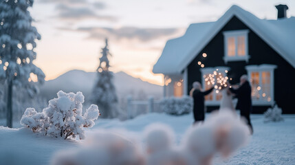 Romantic Snowball Fight in Winter Village with Mountain Backdrop in Norway: Snowy Valentines Day Aesthetics
