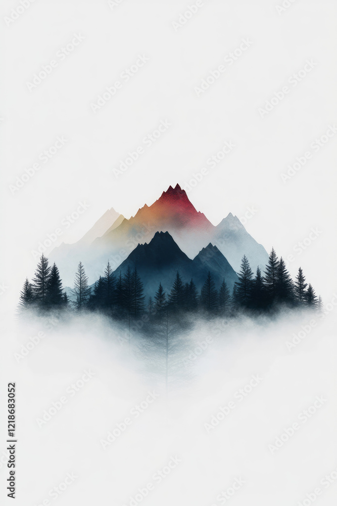 Poster a mountain range with multiple peaks receding into the distance,