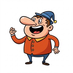 Obraz premium Jolly Cartoon Man with Big Nose Orange Shirt and Blue Hat Joyful Expression