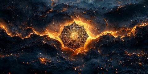 Abstract Fiery Clouds Encircling Bright Hexagonal Center

