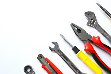 Set of tools on white background, top view