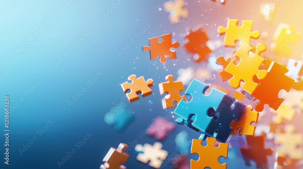 Poster abstract cube dissolving into glowing puzzle pieces on a gradient background