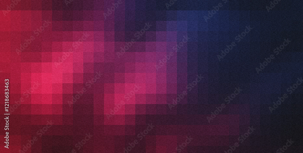 Poster pixelated gradient background blending vibrant pink and deep blue hues, creating dynamic digital tex