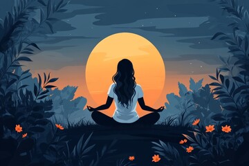 Meditation at dusk with a glowing orange moon and vibrant foliage in the background
