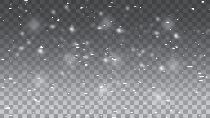 Falling snow particles blurred in motion on dark transparent background. Christmas snow dust. Vector illustration.